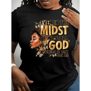 Letter And Portrait Pattern Printing T -Shirt, Casual Short -Sleeved Round Neck Top, Women'S Clothing fountain  youth