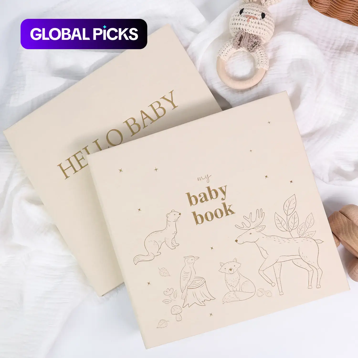 Baby Memory Book, Hello Baby Spiral-Bound Linen Cover Animal Pattern Growth Keepsake Book with 4 Paper Pockets and 12 Monthly Milestone Stickers #GLOBAL PICKS