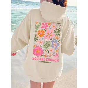 Women's Floral & Letter Print Drawstring Pocket Hoodie, Casual Drop Shoulder Long Sleeve Hooded Sweatshirt, Ladies Fall & Winter Clothes for Daily Wear
