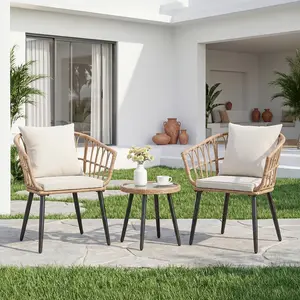 3-Piece Outdoor Bistro Set | 2 Patio Chairs + Coffee Table | All-Weather PE Rattan Furniture with Cushions | 300 lbs Chair Capacity | Ideal for Porch, Deck & Garden