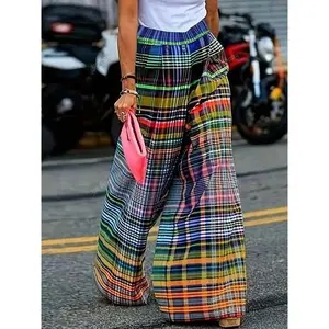 Women's Retro Colorblock Plaid Wide Leg Pants, Hip Hop Loose Fit Casual Long Trousers, High Waist Straight Leg Jeans