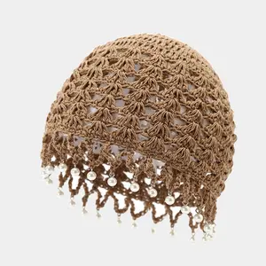 Handmade hook hollowed pearl bag hat crochet ethnic style tassel strap sleeve knitted hat