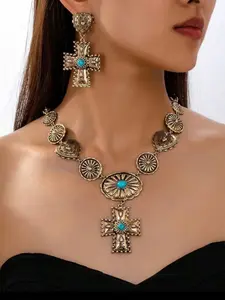 Vintage Bohemian Style Heart/cross Pendant Set with Turquoise Inlay, Women's Jewelry Kit, Necklace and Earrings, Western Charm Daily Wear