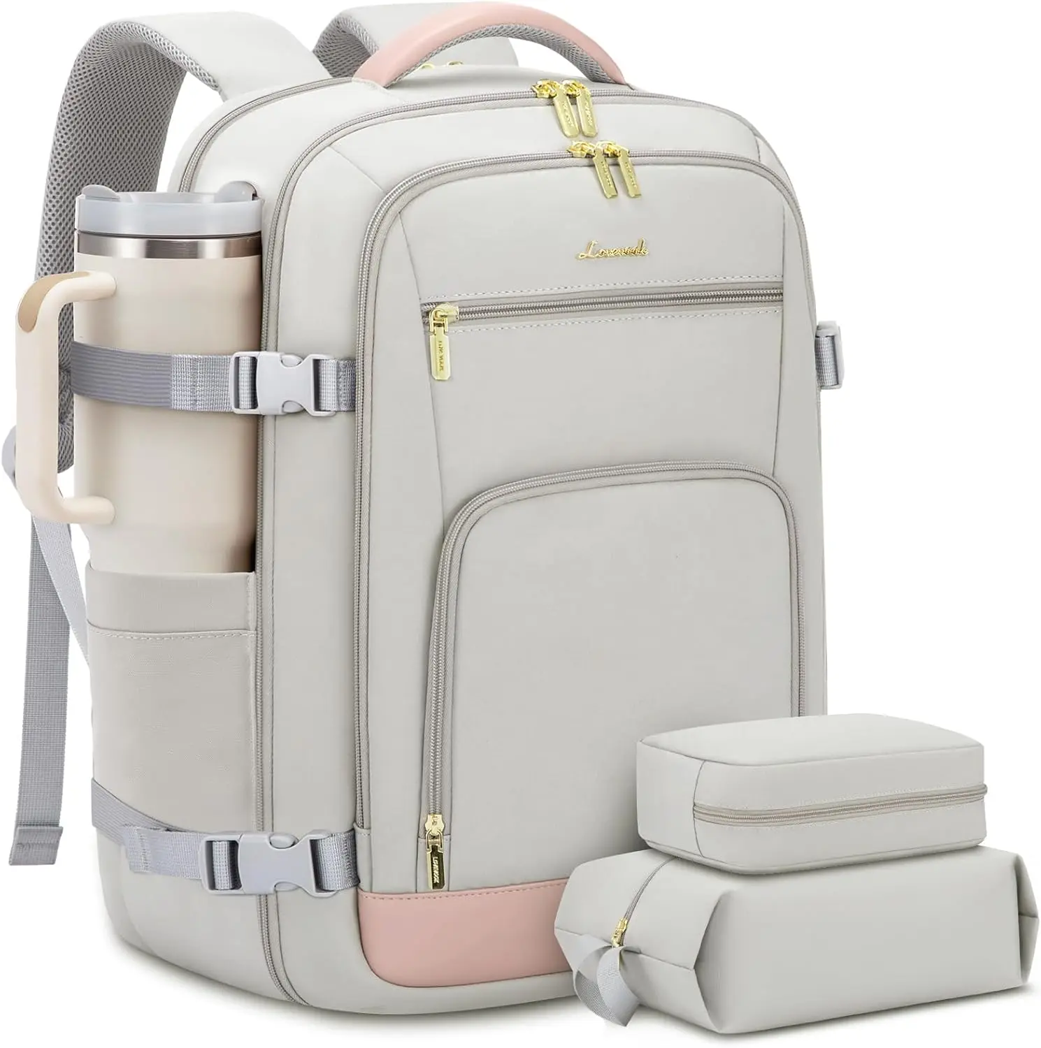 LOVEVOOK Travel Backpack for Women, 40L Carry On Backpack Flight Approved, TSA Personal Item Travel Bag Fits 17 Inch Laptop, Business Weekender Overnight Waterproof Daypack with 2 Cubes, Grey-Pink