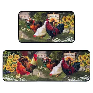 Rooster Kitchen Rugs,Non Skid Washable Microfiber mats for Kitchen Floor,Farmhouse Sunflower Kitchen Cushioned Runner Rug Decor Sets of 2, Size 17"x 47"+17"x 30"