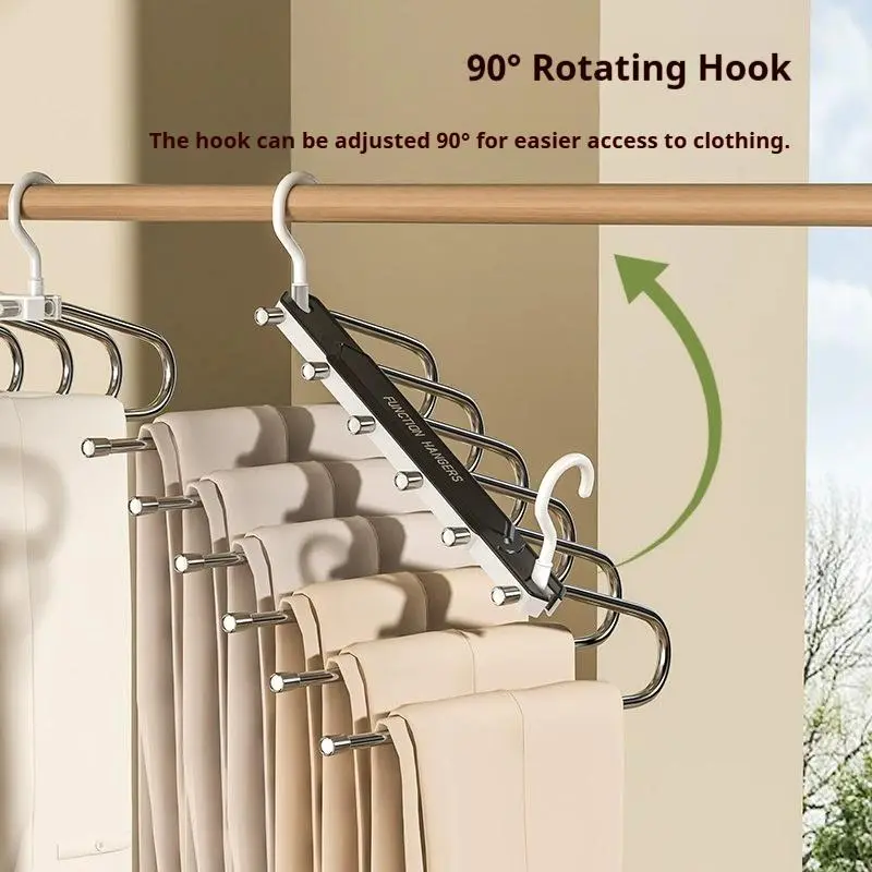 6-Layer Dual Pants Hanger, Minimalist Space-Saving Foldable Stainless Steel-ABS Closet Organizer, Anti-Slip Retractable Pants Holder for Jeans, Trousers, Wardrobe Storage Home Essential Hanging Hook