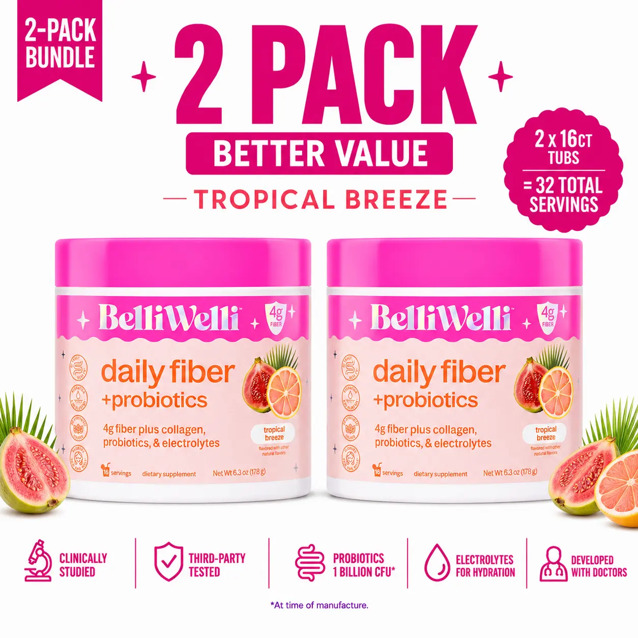 BelliWelli Daily Fiber + Probiotics - Tropical Breeze - 2 pack