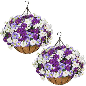 2 Pcs Artificial hanging plant and flower basket, perfect for spring and summer outdoor decoration. Features realistic silk morning glory flowers, UV-resistant, and suitable for porches, patios, balconies, and gardens.