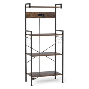 COSTWAY - 4-Tier Kitchen Bakers Rack with Power Outlet and 8 Hooks-Rustic Brown