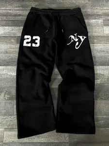 Men's Casual Loose-Fit Jogger Pants, New York Letter Print Drawstring Wide Leg Sweatpants, All-Season Comfortable Men's Clothing