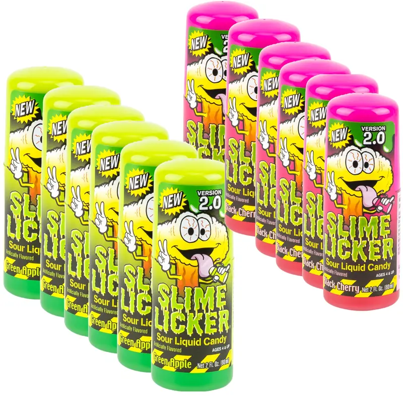Slime Lickers Candy 2.0 Green Apple & Black Cherry 2 Ounce Pack of 12 Sweet Sour Snack Made in US Quality Ingredients