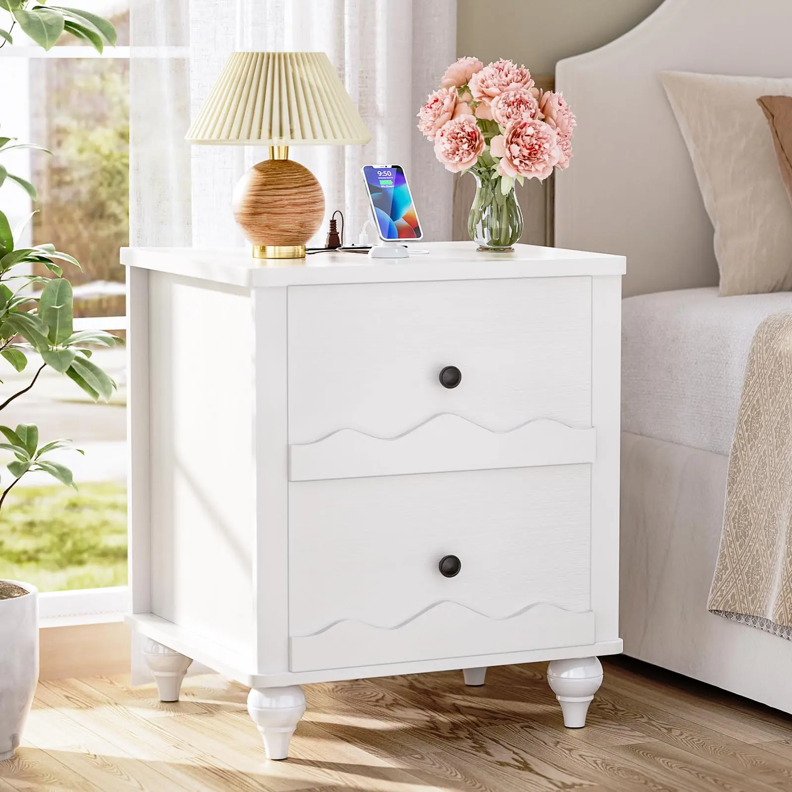 Scalloped Nightstand with Charging Station, White | Bedside Table with 2 Smooth Drawers, Modern End Table with Solid Wood Legs for Bedroom and Small Spaces