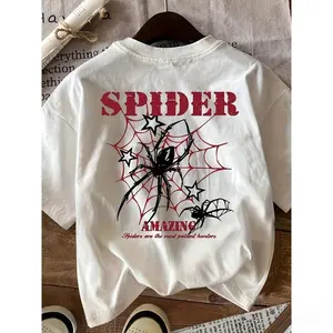 Spider Patterned T-shirt - "Spider Wonder" Design Tee for Women Men, Red Spider Webs and Black Spiders, Casual Round Neck Unisex Short Seeved Top