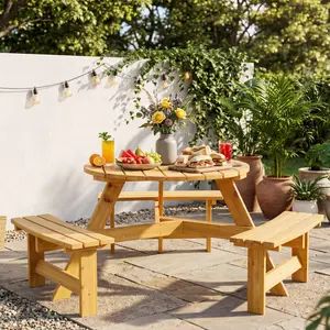 🚨 Round Wooden Picnic Table for 6 with Built-in Benches – No Extra Chairs Needed! Fir Wood, Umbrella Hole, Outdoor Dining Set for Backyard, Patio, Garden