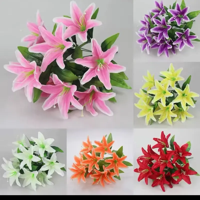 10 Heads Artificial Lilis Multicolor Plastic Fake Flowers Realistic Silk Flower Wedding Home Party Decor