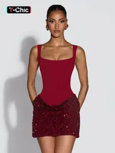 Women's Fashion Solid Color Spaghetti Strap Sleeveless Patchwork Sequin Fitted Dress, Elegant Formal Party Wear, All Seasons, Perfect for Daily, Womenswear Garment