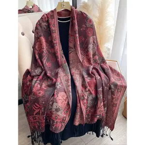 Elegant Boho Style Pashmina Scarf, Long Fringe Print Shawl, All-Season Woven Fabric, Beautiful Paisley Pattern Design, Casual Soft Scarf
