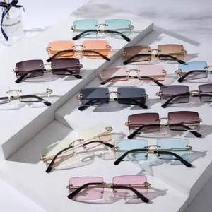 4 Pack Square Rimless Sunglasses Fashion Frameless Glasses Eyewear Rectangle Transparent Y2K Glasses Tinted Lenses Polarized for Women Men