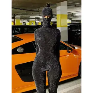 Women's Glitter Backless Bodycon Jumpsuit with Face Cover, Fashion Solid Stand Collar Long Sleeve Skinny Jumpsuit for Fall & Winter,  for Vacation Holiday Party