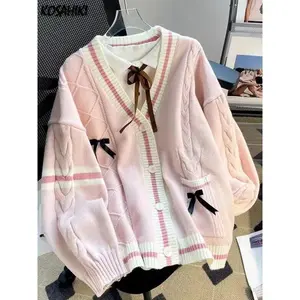 Sweet Bow Knitted Cardigans Y2k Aesthetic All Match Contrast Color Coats Fashion Single Breasted Women Kawaii JK Sweaters Jumper