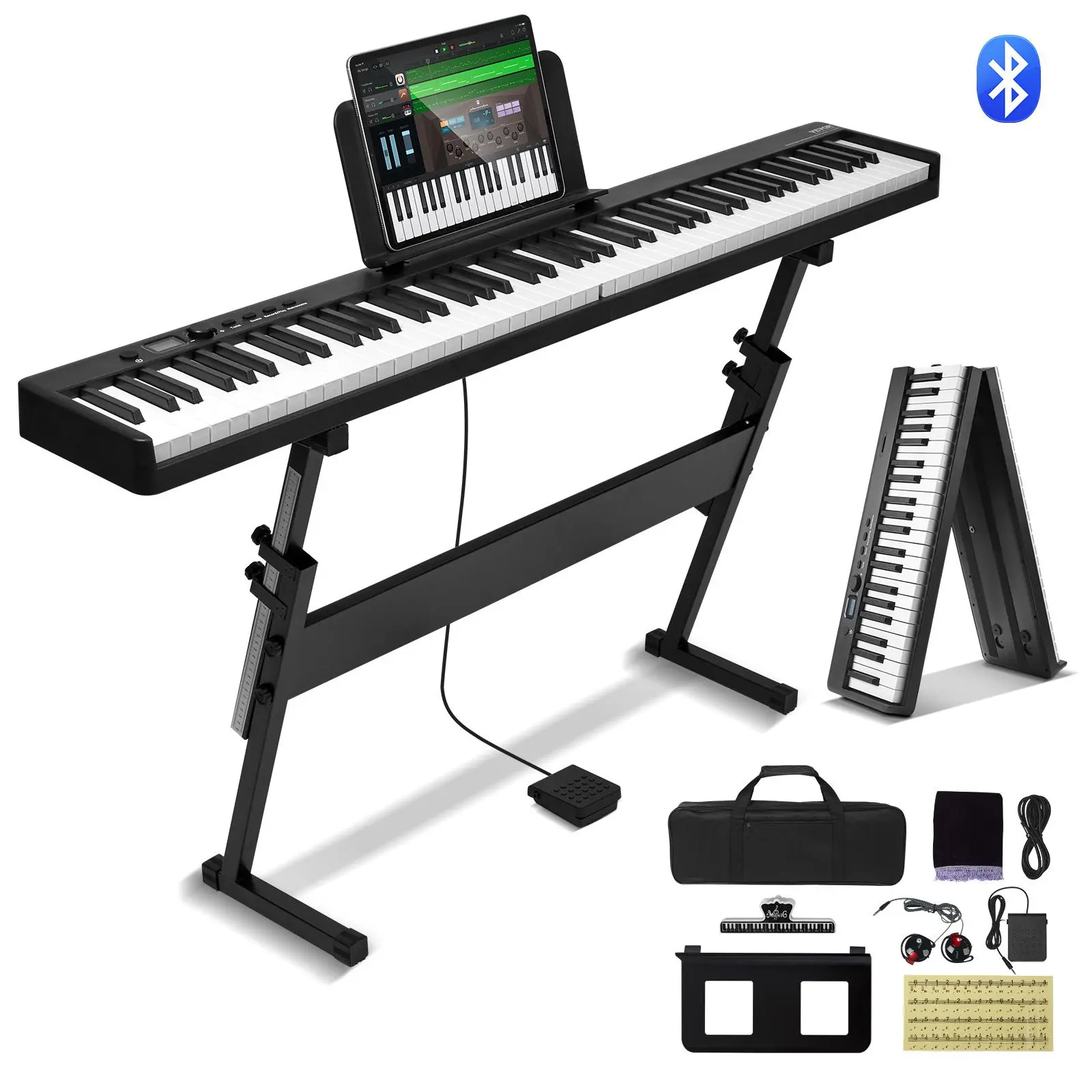 VEVOR 88-Key Folding Digital Piano Keyboard, Bluetooth & MIDI Portable Electronic Keyboard with Touch-Sensitive Rechargeable Keys, Stand, Sustain Pedal & Bag, for Beginners & Adults, Black, Folding Piano, 88-Key Electronic Keyboards