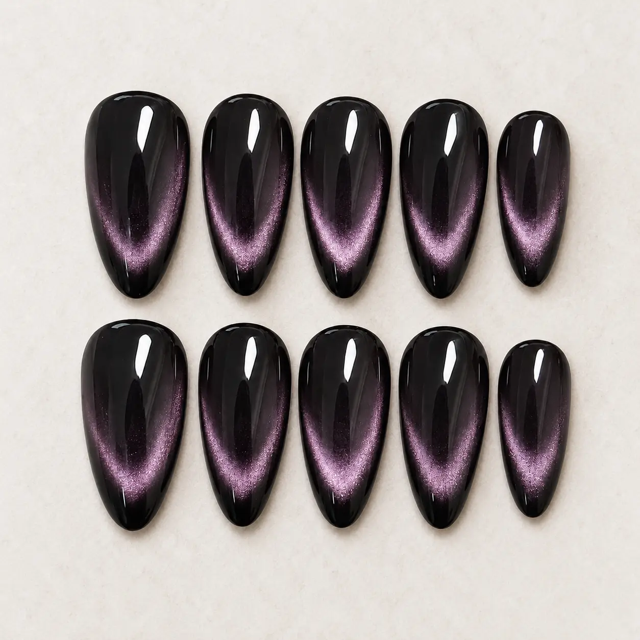 Mysterious Purple Cat Eye Press On Nails, Glossy Black Almond Fake Nail Set, Reusable Magnetic Glue On Manicure for Women, Elegant Gothic Party Gift