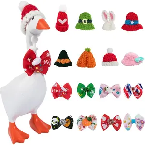 8 Sets Cute Mini Desk Goose Holiday Outfits - 7 Soft Yarn Knitted Hats, Bow Ties, Magnetic All-Season Funny Duck Desk Goose Accessory, Halloween Christmas Decoration, Gift for Friends