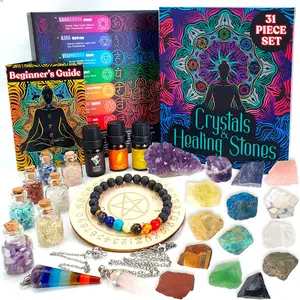 Crystals and Healing Stones Set 31Pcs - Healing Crystals & Stones - 14 Real Raw Chakra Rocks, 7 Gemstones Bottles, 3 Essential Oils,Pendant Necklace, Pendulum Board, Amethyst Cluster, Bracelet & Guide