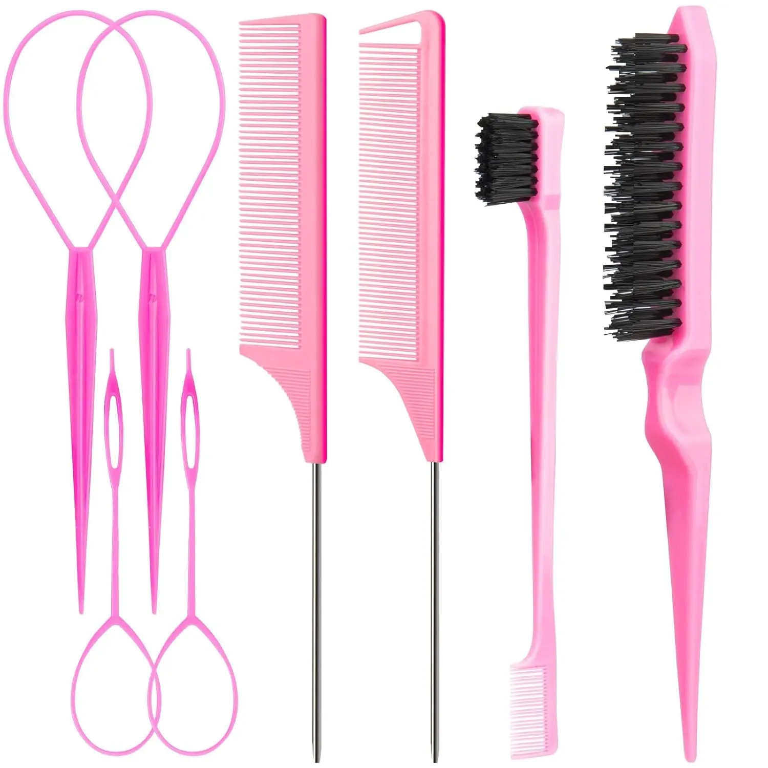 8Pcs Hair Styling Combs Set Include 4Pcs Topsy Hair Tail Tools 2 Styles of Rat Tail Comb,1Pcs Bristle Teasing Slick Back hair Brush,1Pcs Edge Control Brush,Eyebrow Brush for Woman Girl Pink