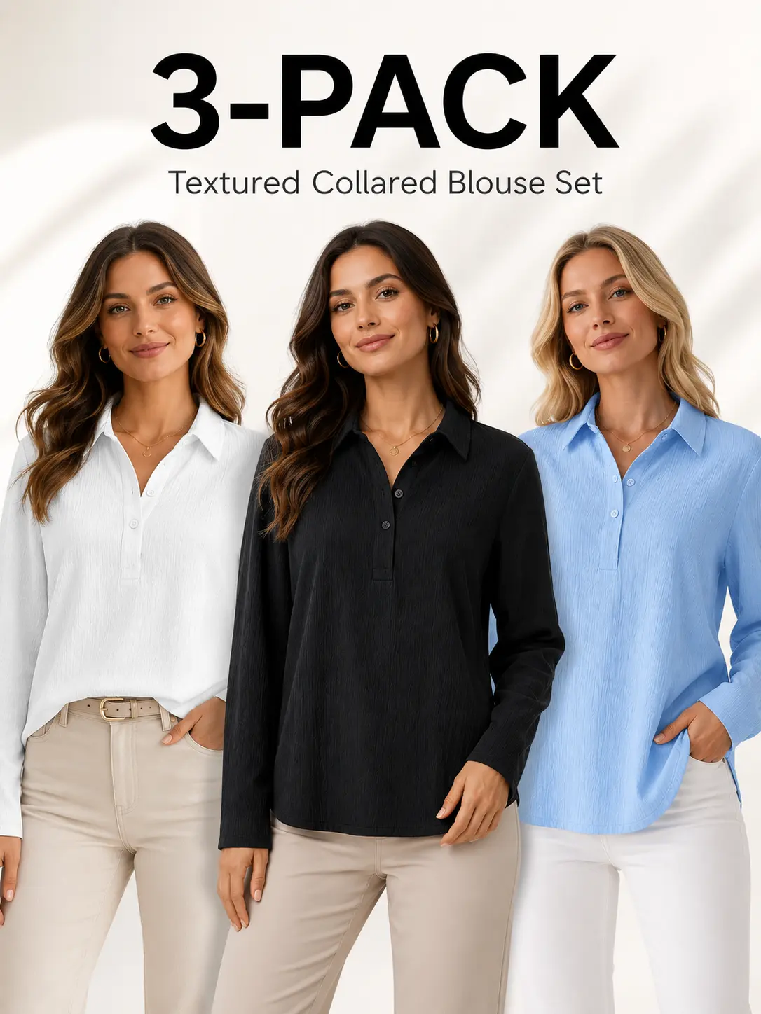 Women's 3 Pack Long Sleeve Blouses, Textured Collared Shirts, Relaxed Fit Business Casual Topsfor Work Office, Casual Fall Everyday Outfits
