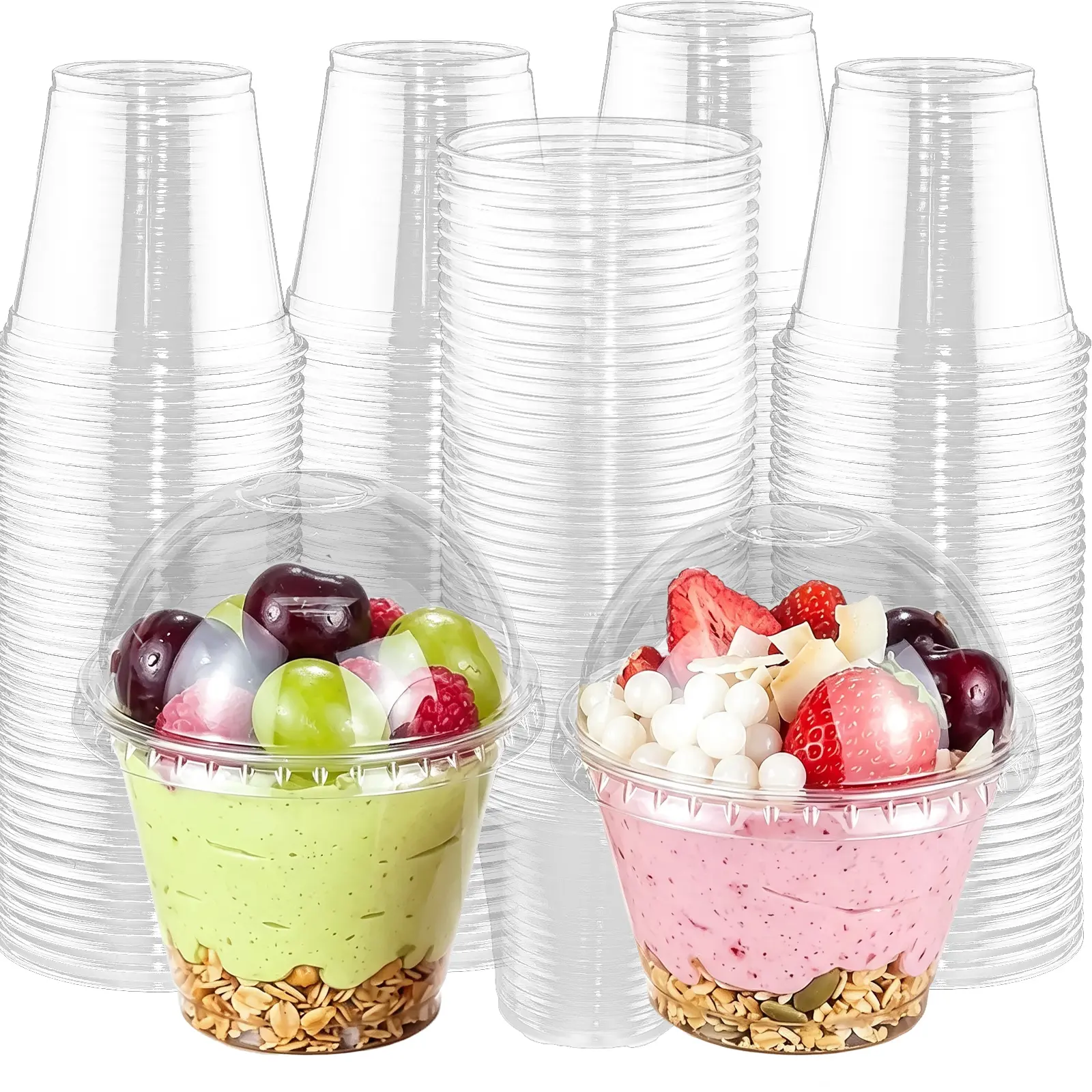 9oz Reusable Clear Plastic Cups with Leak-Proof Flat Lids Set Pack, Bulk Disposable Tableware for Parties, Cold Foods & Cold Drinks, Home & Camping Essentials Reusable Food Containers