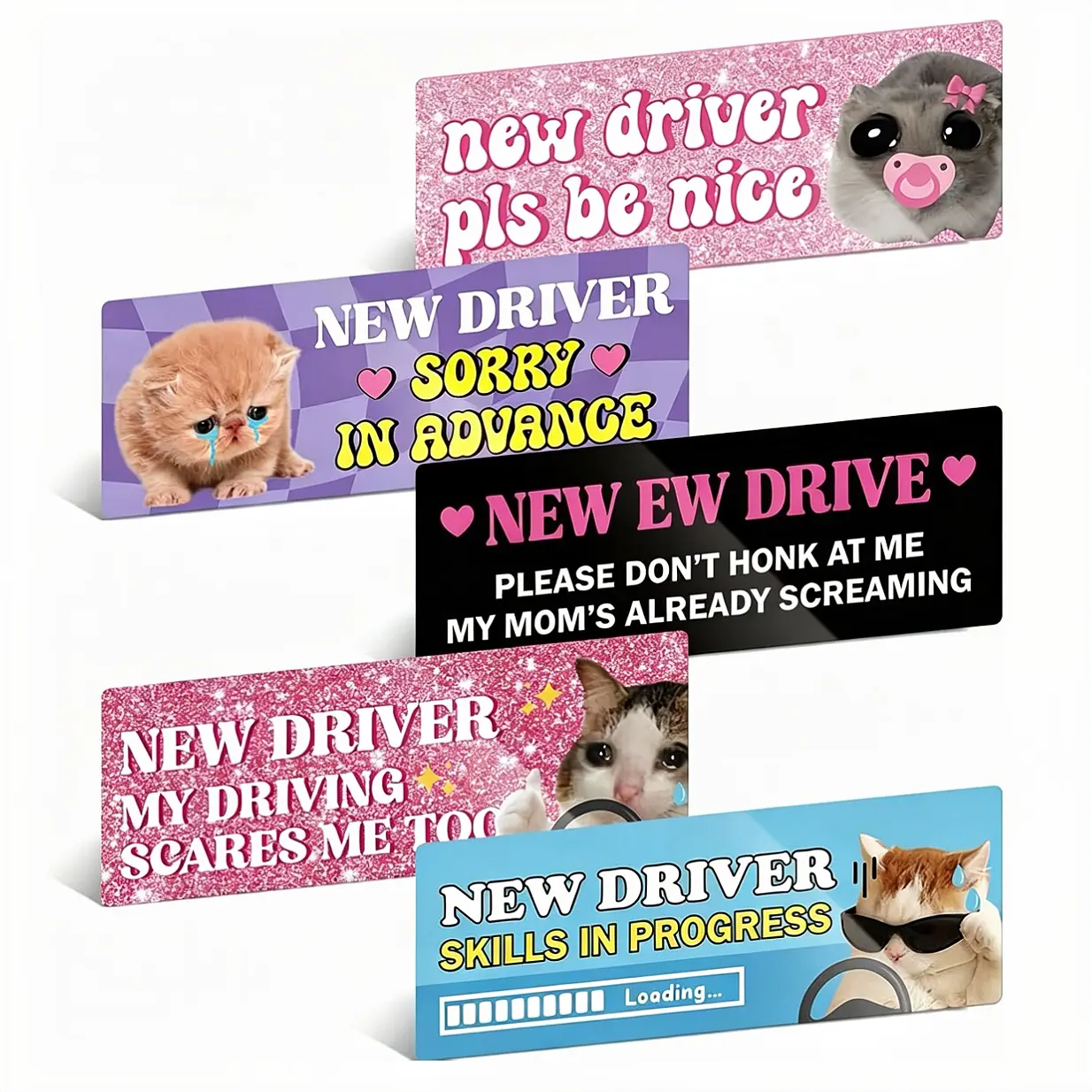 RAVOONY 5PCS Funny Car Bumper Flexible Magnets - Comedy Cute Humor Car/Truck Exterior Accessories, Reusable Waterproof 9.0x3.1in Extra-Strong for New Drivers Safety Alert, Metal Surfaces, Cars/Trucks