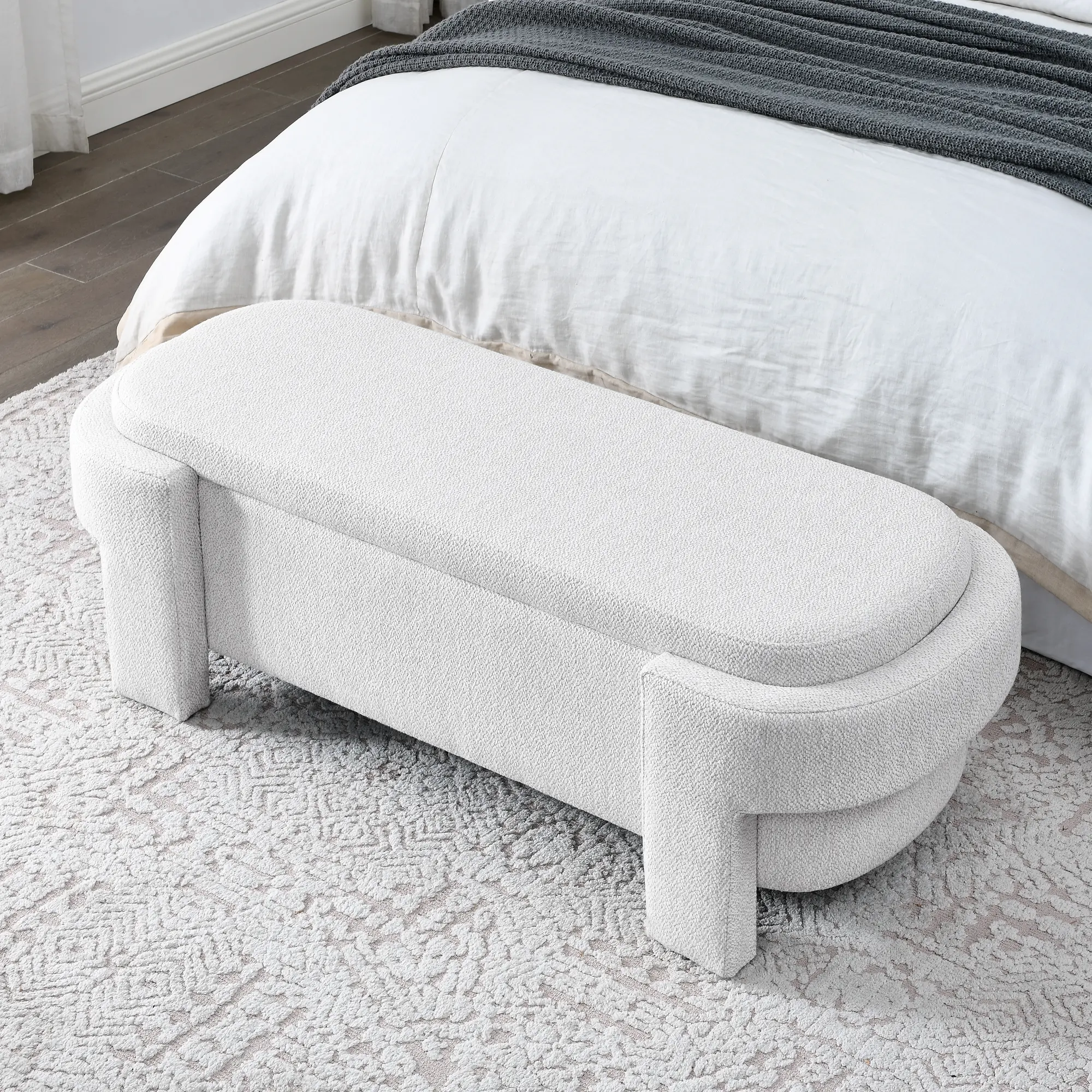 Mid-Century Modern Large Storage Bench, Linen Upholstered Entryway Bench with Hidden Compartment, for Living Room Bedroom, White