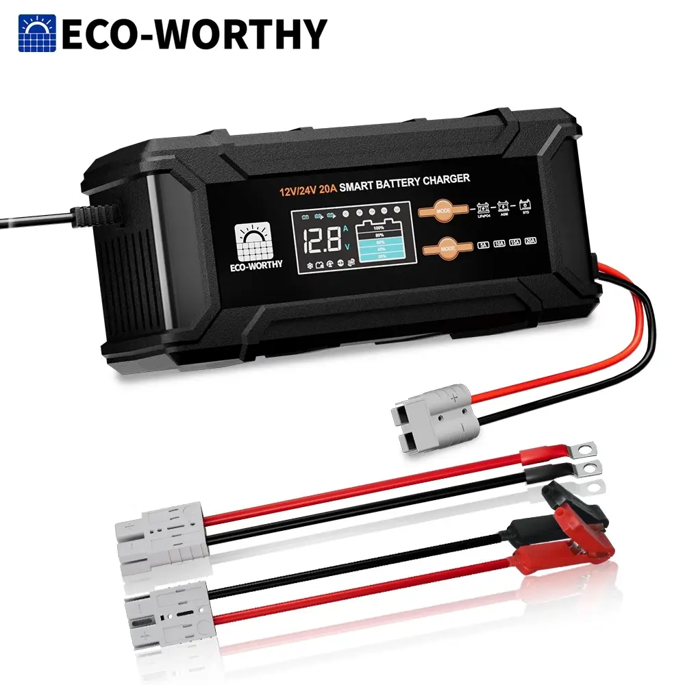 ECO-WORTHY Automatic 12V-24V 20A Lithium LiFePO4 & Lead Batteries Charger with 14.6V Output, LCD Screen, Overcharge Protection for Home Electrical Power Supplies, Motorcycles