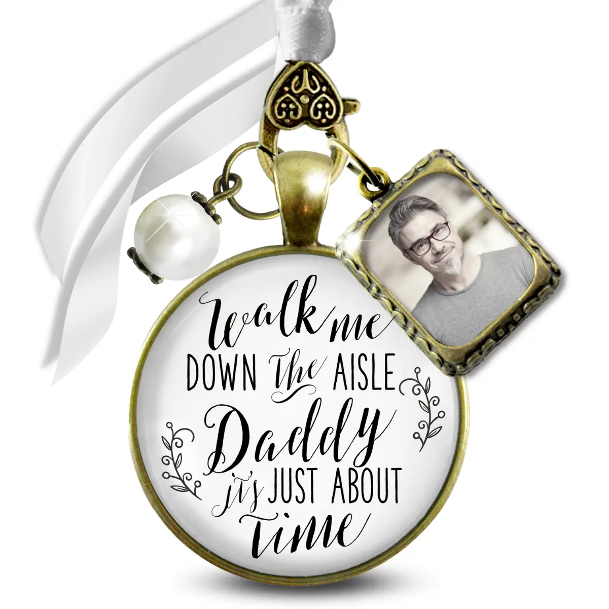 Wedding Bouquet Charm Walk Me Down Aisle Daddy Father Memorial White Keepsake Photo