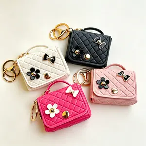 Mini Square Bag Pendant Keychain - High Quality Leather with Cute Flower & Bow Design, Cute Car Keychain & Bag Charm Accessory, Perfect for Graduation & Mother's Day Gift
