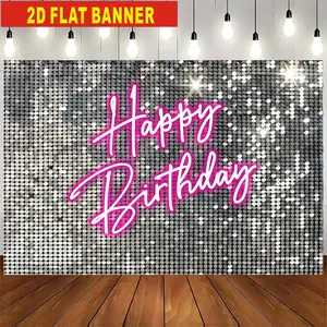 2D flat banner, 1 piece of silver sequin, birthday photography background, pink neon disco birthday happy background, vinyl banner, Sequins Backdrop Decoration. Most suitable for sweet 16, 18, 20, 30, 40-year-old birthday celebration photos