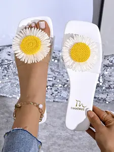 Women's square-toe flat sandals, 3D daisy and sunflower floral decorations, spring/summer bohemian style beach sandals, open-toe slippers.
