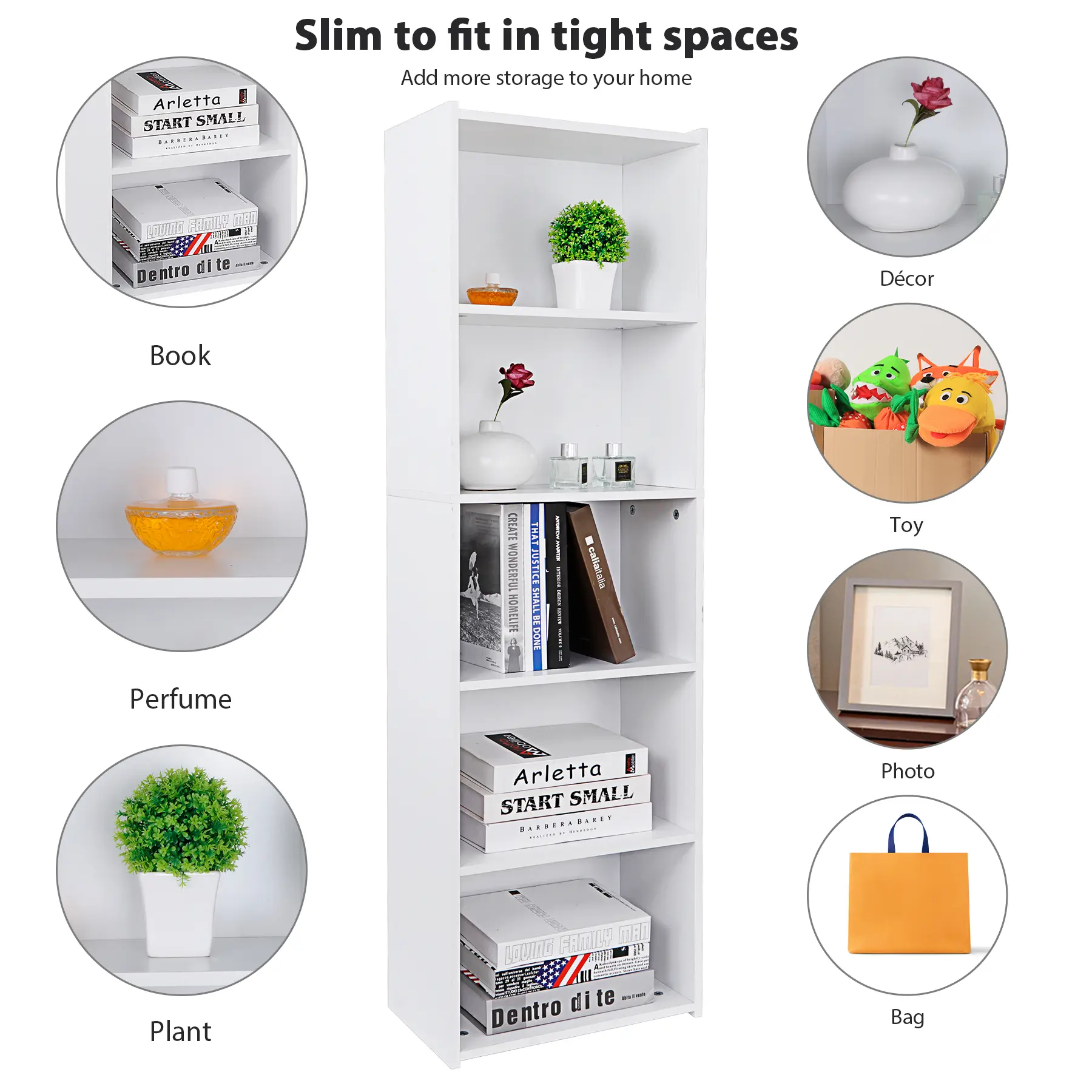 ZENY 5-Tier Narrow Pre-Drilled Open Bookshelf - Modern Corner Storage Rack with Sturdy Panels, Shelves for Bedroom, Small Indoor Space Decor & Organization, Room Storage, Small Room Organization Products