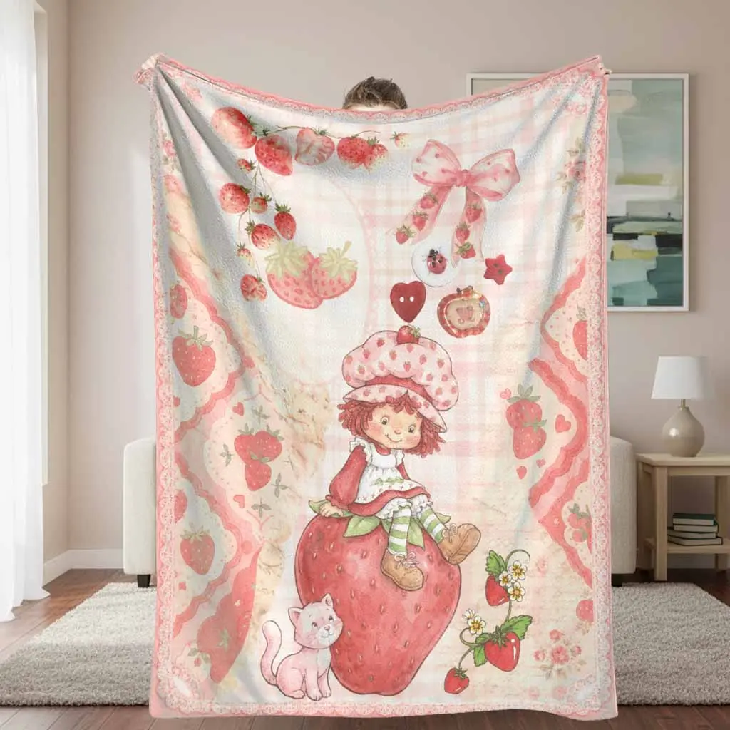 Anti-Pilling Flannel Fabric Strawberry Cottagecore Throw Blanket - Blush Pink, Lace Bow, Cat Floral Plaid Print, Soft Cozy Lightweight Warm - for Home Office Sofa Bed, Indoor/Outdoor Birthday Gift