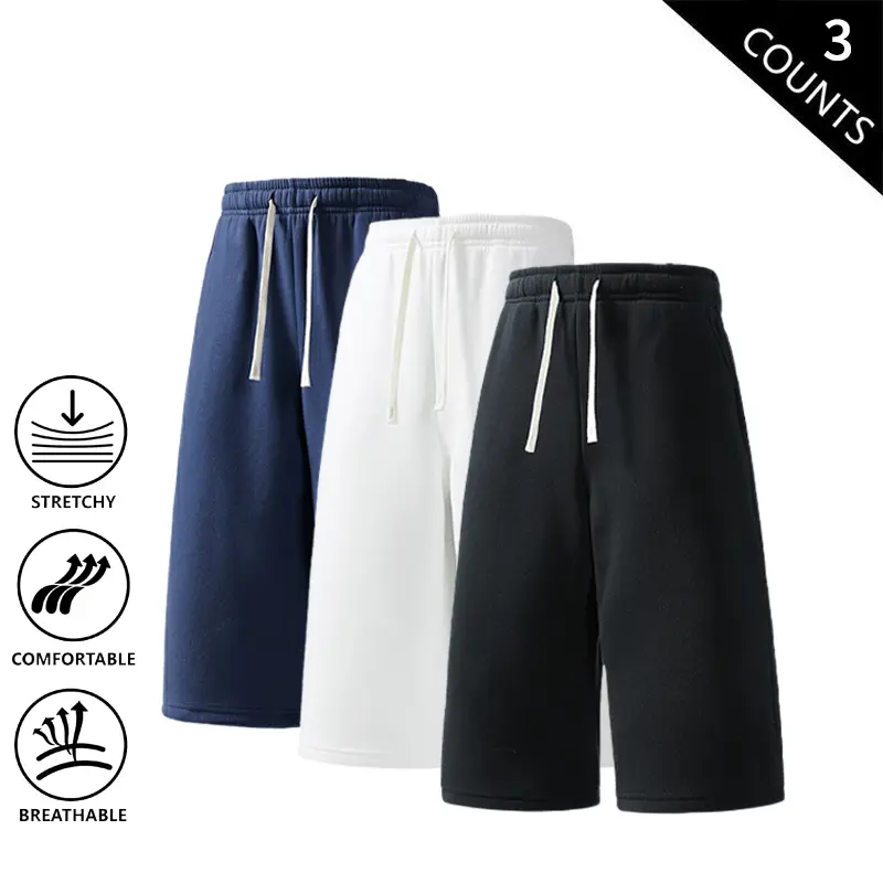 3pcs men’s streetwear knee-length sweat shorts, loose fit breathable stretchy casual bermuda shorts with drawstring for daily wear and sports