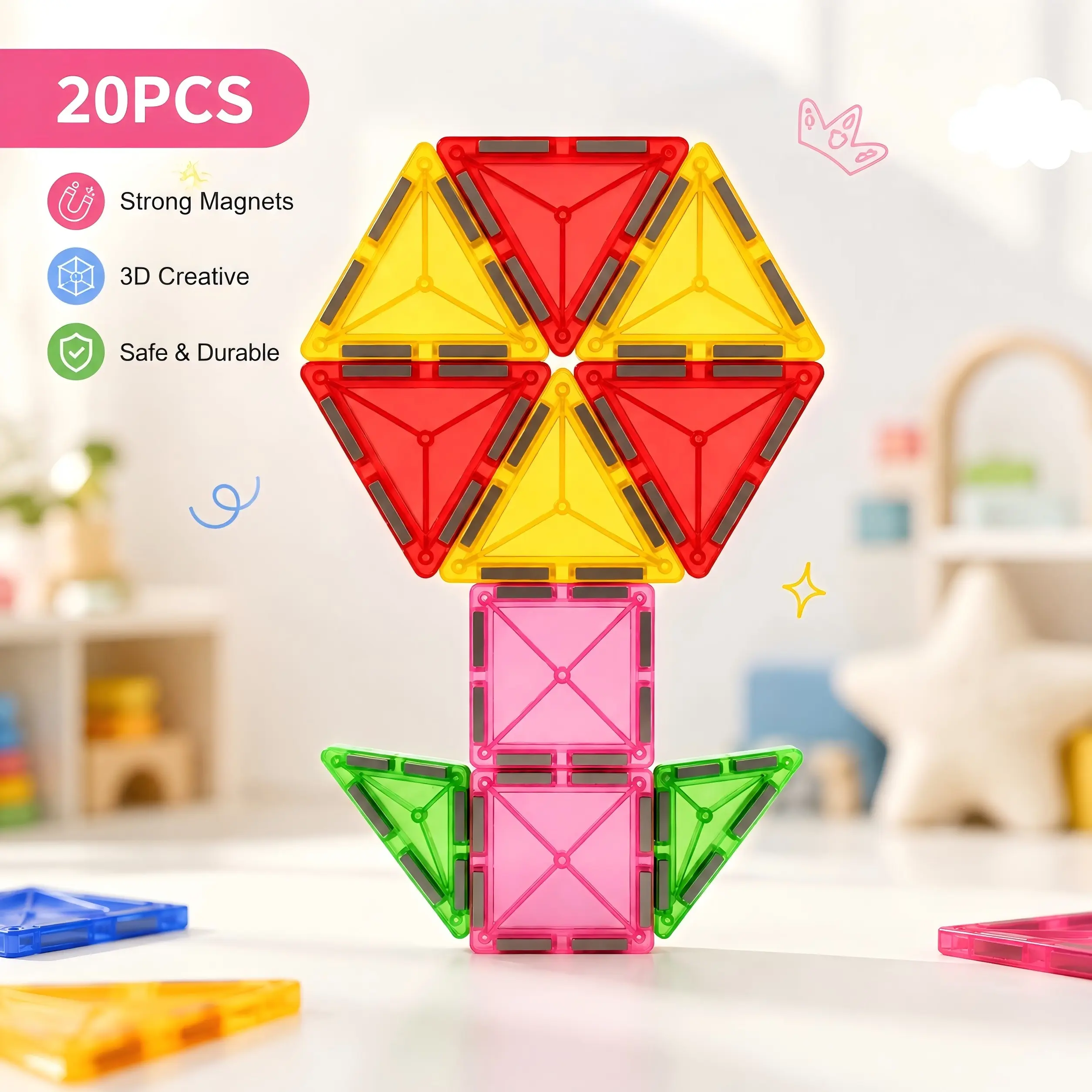 Mini Magnetic Tiles Travel Set 20PCS for Kids Ages 3+, Magnetic Building Blocks, Montessori STEM Educational Sensory Toy, Toddler Preschool Learning Activity, Airplane Car Road Trip  birthday novelty gift super braintoy