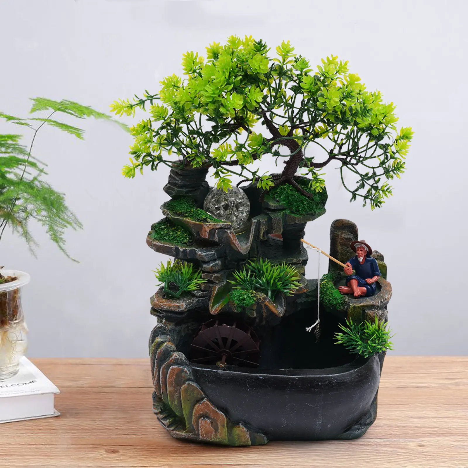 Quiet Waterfall Desktop Fountain - 20x15x30cm Resin Figure, Lightweight, Colorful Synthetic Tree Ornaments, LED Lights, Stress-Relief Sound, Lifelike Landscape Decorative Piece for Home & Garden, Decorations and Ornaments, Summervibes Outdoorfun
