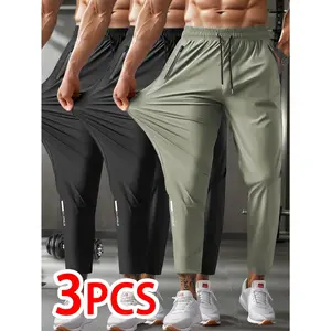 3-Pack Men's Elastic Drawstring Sweatpants - Casual Sweatpants with Zipper Pockets, Nylon Blend, Solid Color Menswear Beige