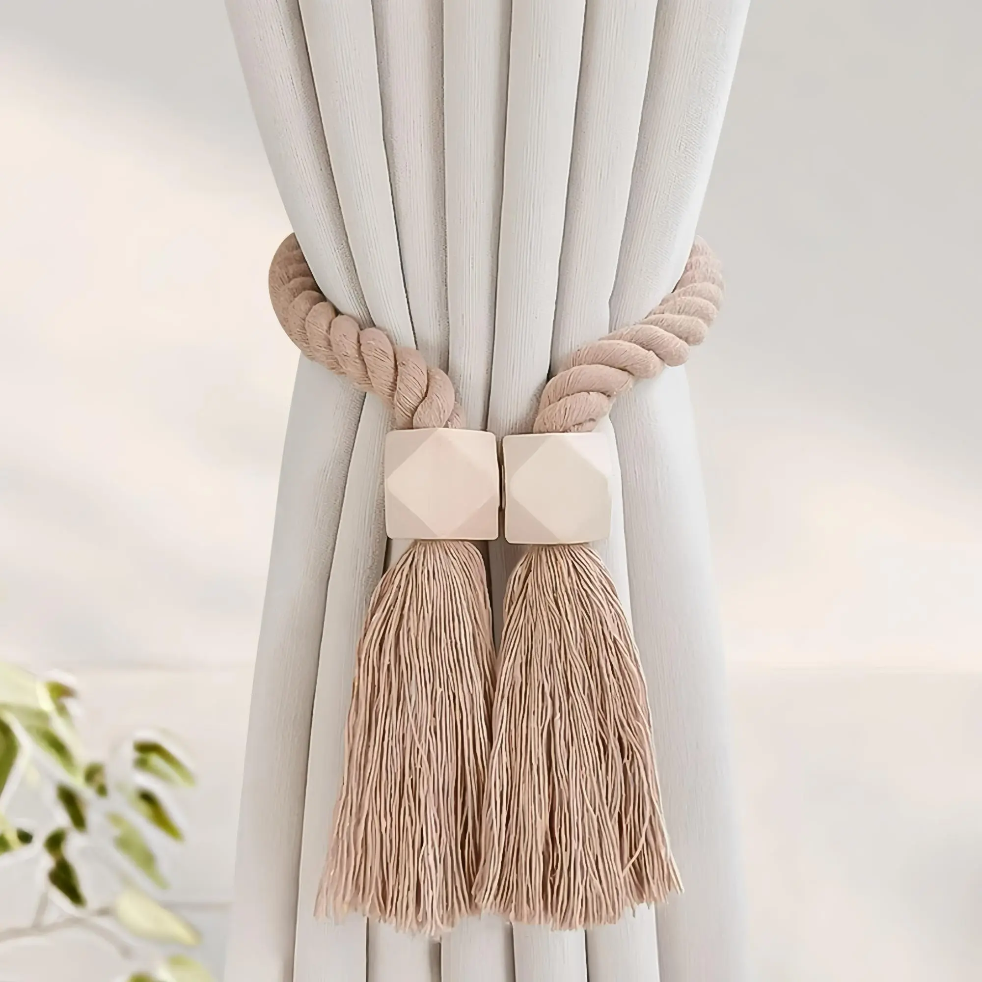 Boho Wooden Window Curtain Tieback with Tassel Design, 1 Count Magnetic Curtain Holdback for Halloween and Everyday Home Decor, Ideal for Living Room and Bedroom Interior Decoration, Spaces Minimalist Natural, Curtain Tie Backs For Curtains