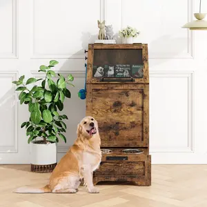 Dog Feeding Station,Flip Top Pet Feeding Station with Storage Cabinet and 2 Stainless Steel Bowls,Modern Pet Toy Organizer