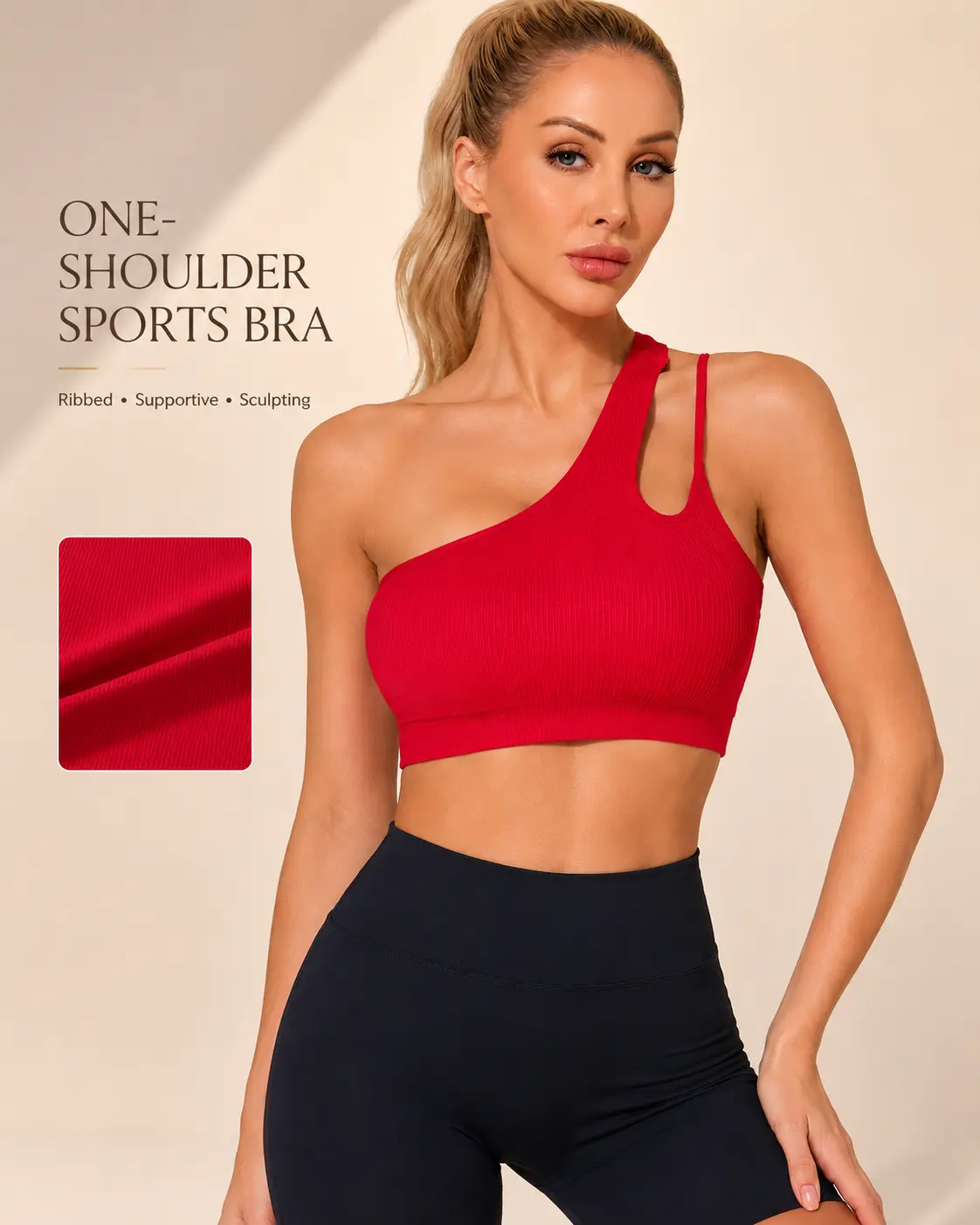 Women's Ribbed Textured 1-Shoulder Sports Bra - Back Cutout Open-Back Cropped Athletic Top with Anti-Slip Support for Fitness Workouts
