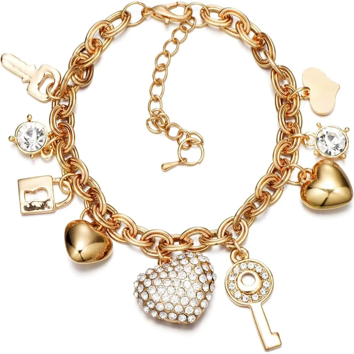 The "Love Lock" women's bracelet collection features designs characterized by hearts, keys, miniature padlocks, and cptihunky chain links. Adorned with dazzling crystals and embellished with heart, key, and lock-shaped pendants