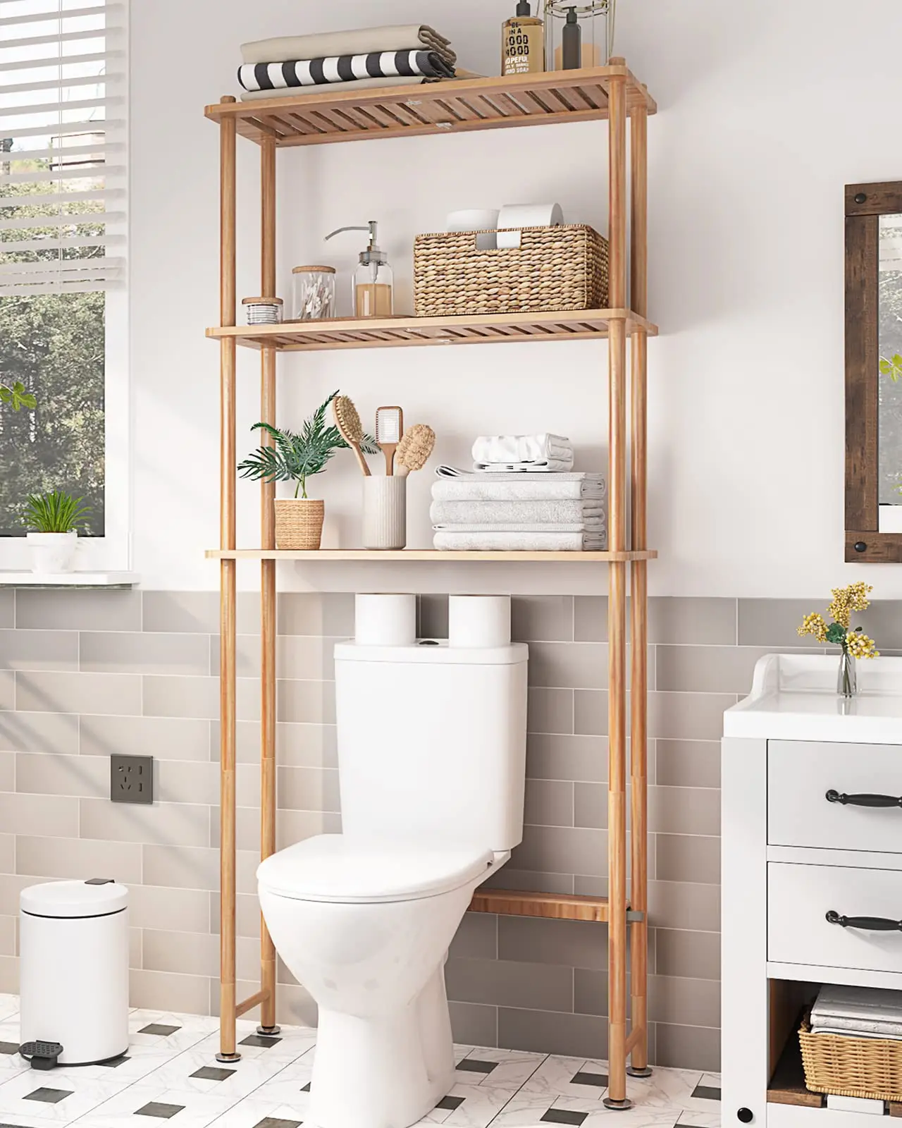 AmazerBath Eco-Friendly 3-Tiered Bamboo Freestanding Over Toilet Storage Shelf - Bathroom Accessory, 37.5" Toilet Fit, 25x10x71 Inches, 37.5 Inches From Ground, 25 lbs Per Tier, Easy-To-Install Clever Storage for Indoor Laundry Room, Natural Color