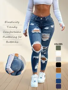 Women's High-Waisted Ripped Skinny Jeans, ElasticVintage Design, Butt Lift, Casual Fashion, Daily Wear,Sporty Style